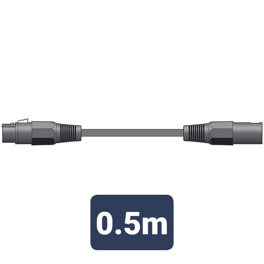 Black cable with connectors and a label indicating 0.5 meters on a white background