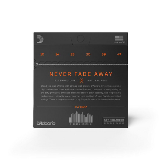 D'Addario guitar string packaging with text 'Never Fade Away' on a white background