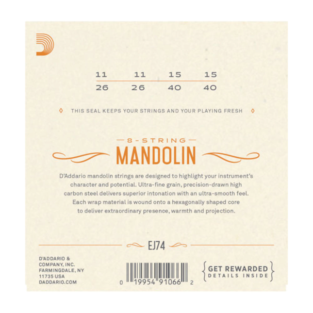 D'Addario mandolin string set packaging with product details on a beige background