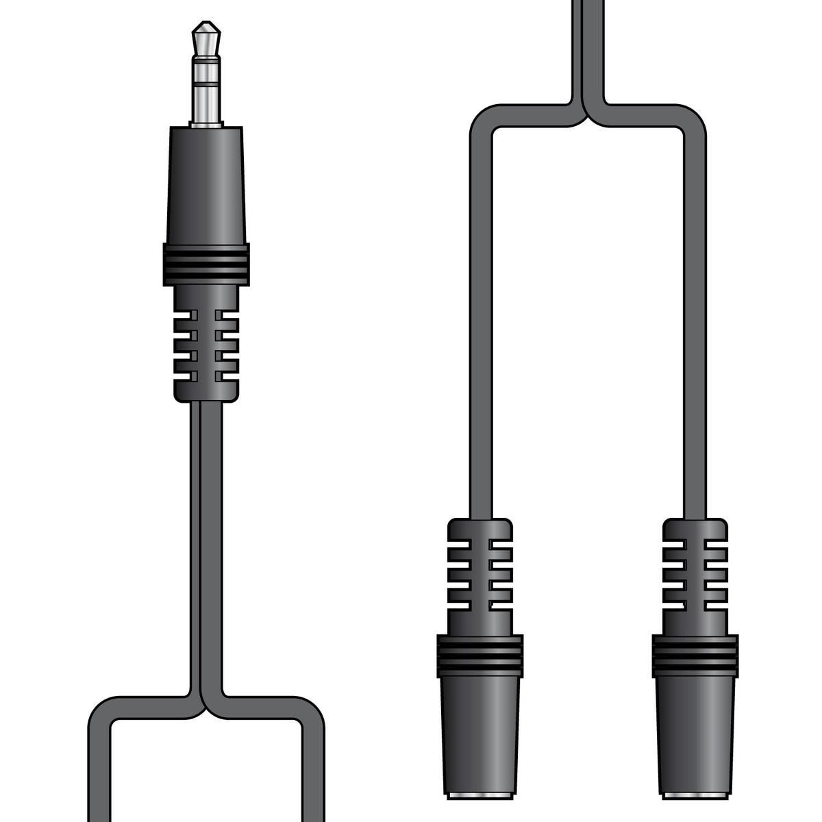 Black audio cable with 3.5mm connectors - one male jack to two female jacks - on a white background