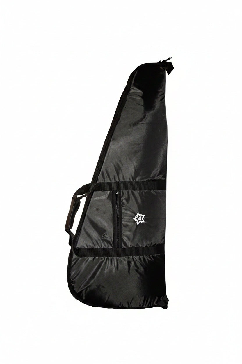 Black guitar case with a visible brand logo on a white background
