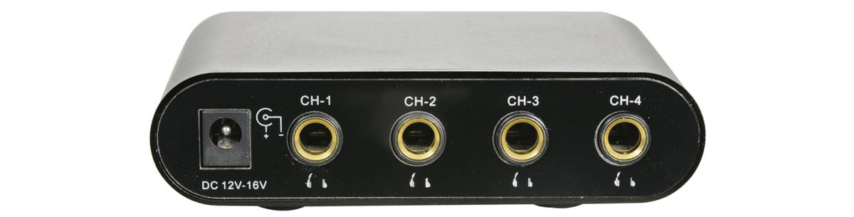 Headphones amplifier with four channel connectors on a white background