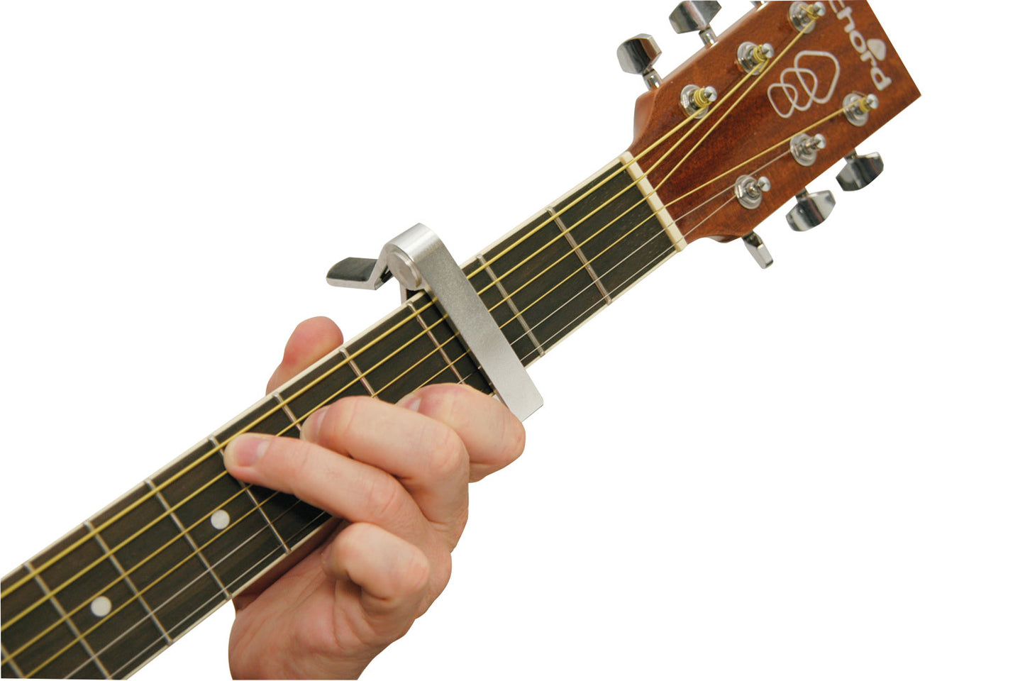 Guitar capo being used on a guitar with a white background