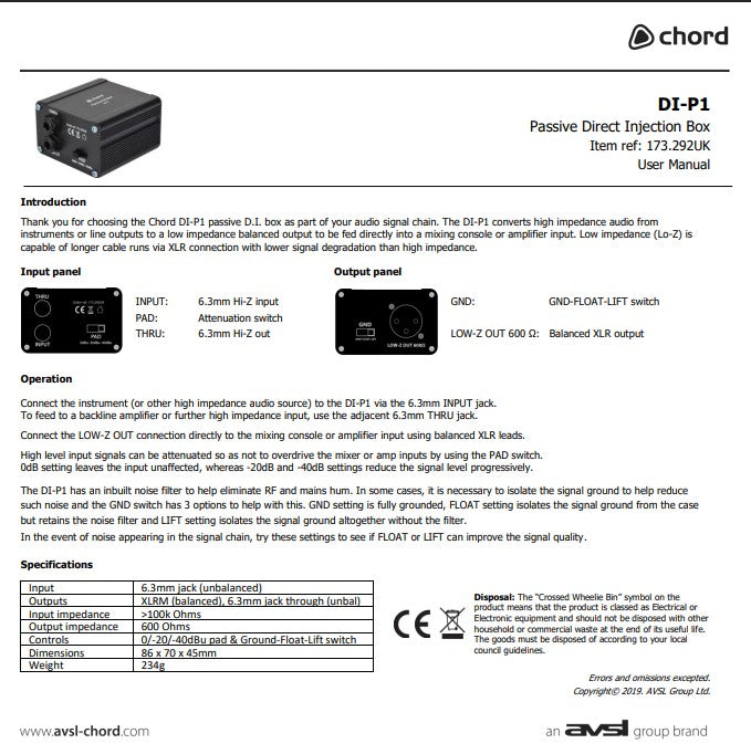 User manual for Chord DI-P1 passive direct injection box with technical specifications and branding.