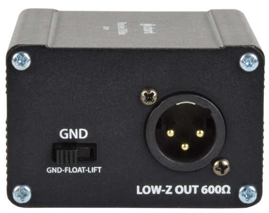 A black metallic box with a XLR output and a 3-way toggle switch (GRD - Float - Lift).