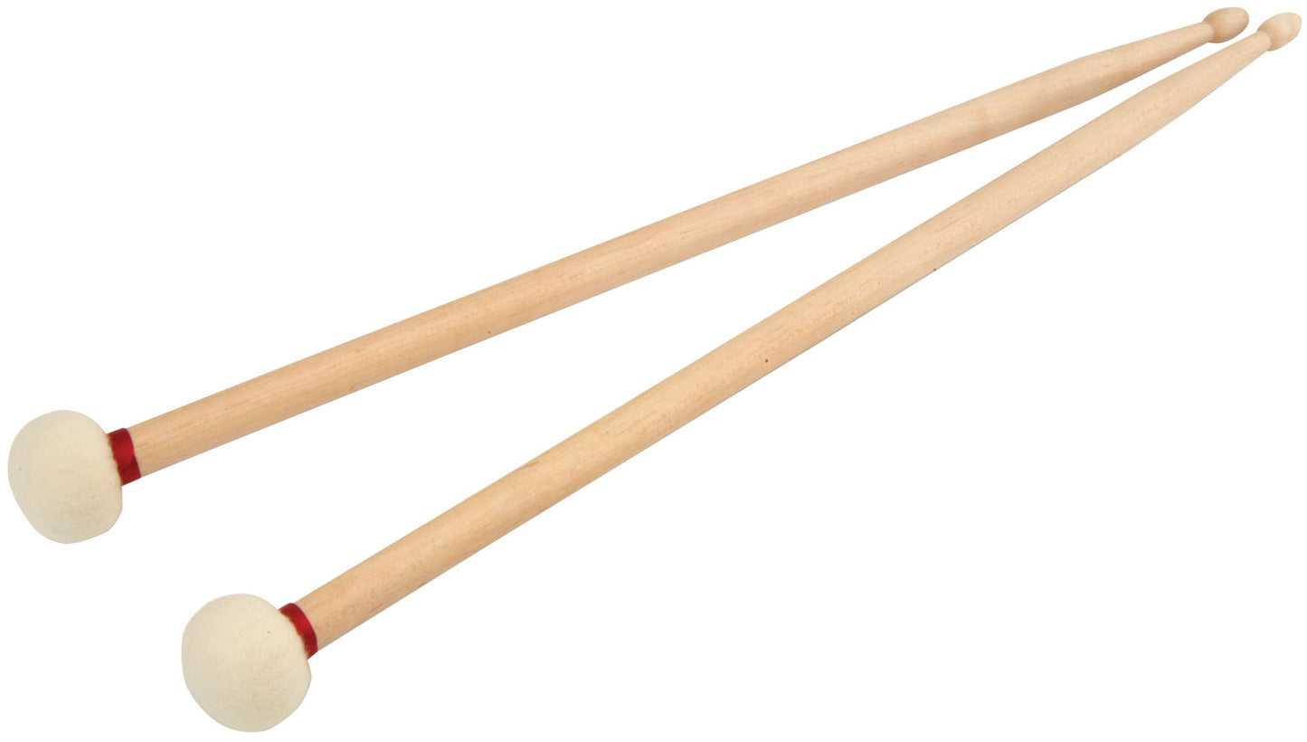 Two in one drumsticks - mallets on one side and standard wooden tip on the other end on a white background