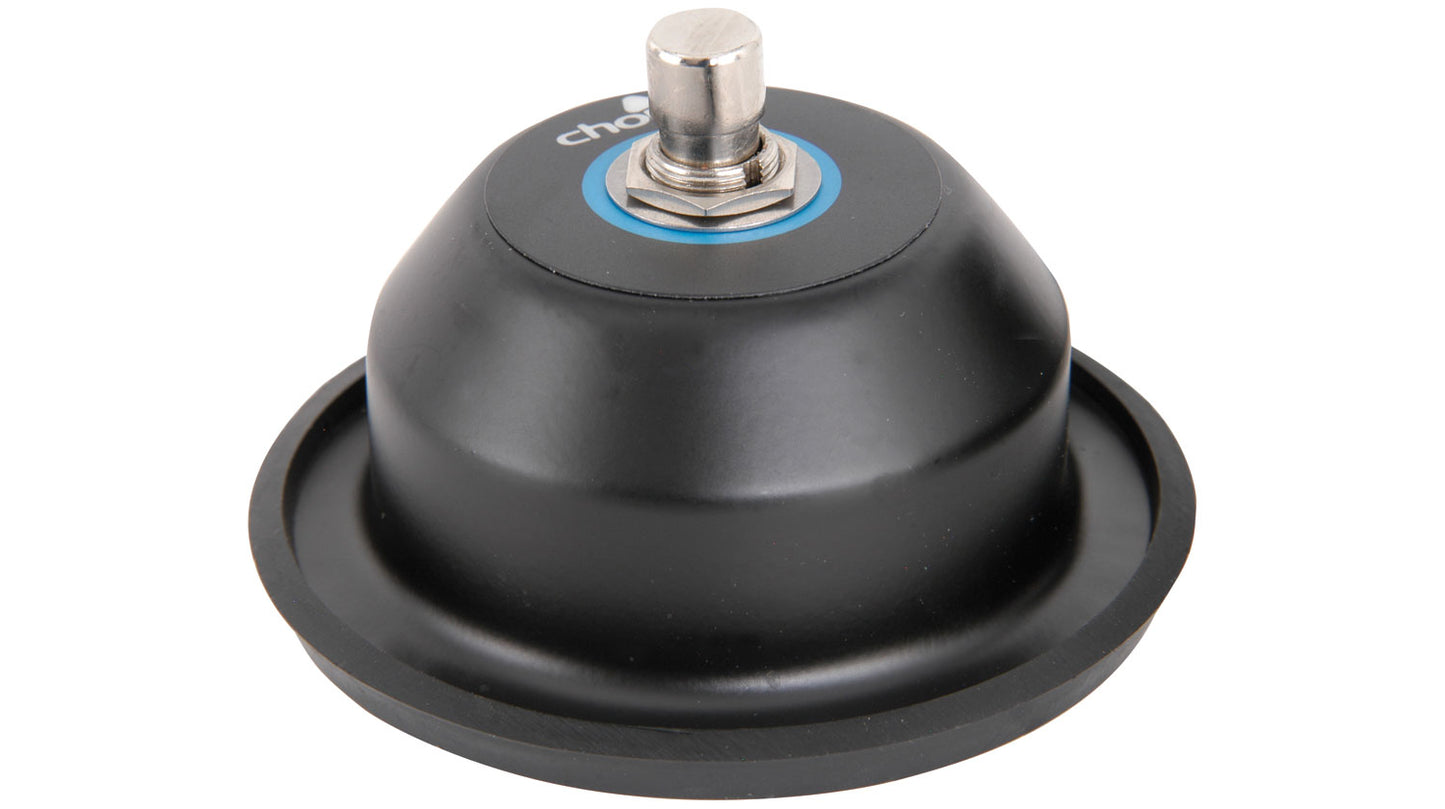 Black and silver round pedal with a single silver button in the middle. With chord brand printed on the tor and rubber base