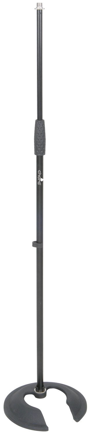Black metal stand with a round base on a white background