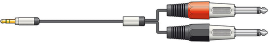Illustration of a cable with a stereo 3.5 jack plug and two 6.5 mono jacks on a white background