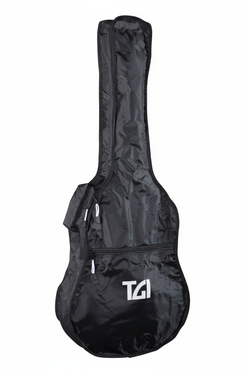 Black guitar case with TGI logo on a white background