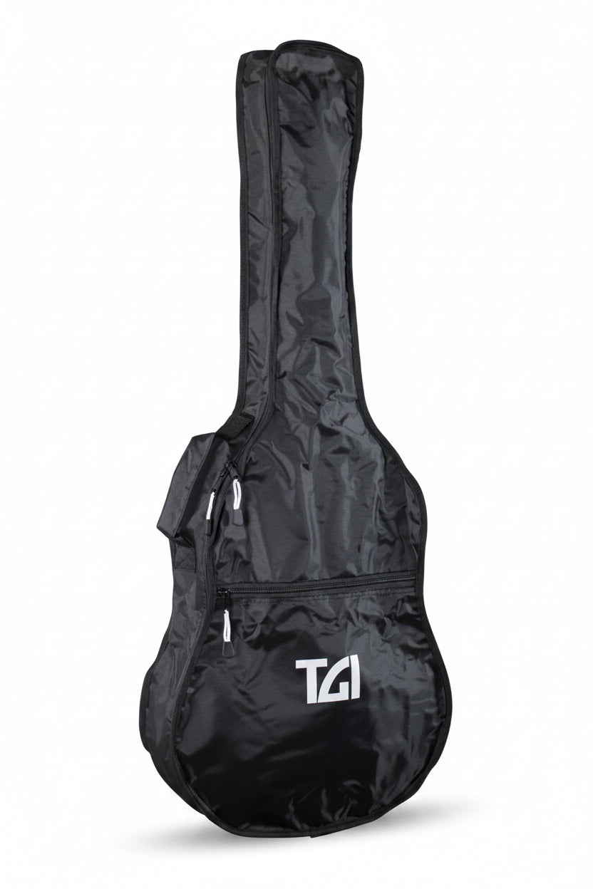 Black guitar case with TGI logo on a white background