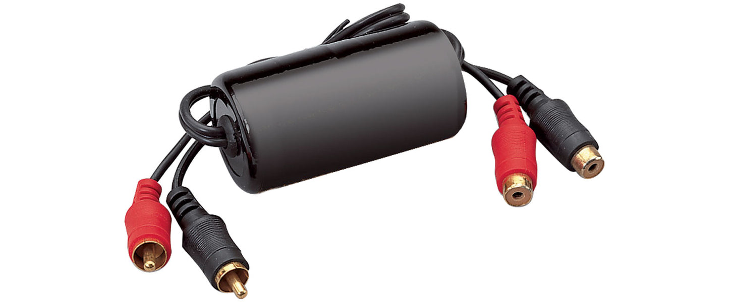 Black audio/video adapter with red and black connectors on a white background