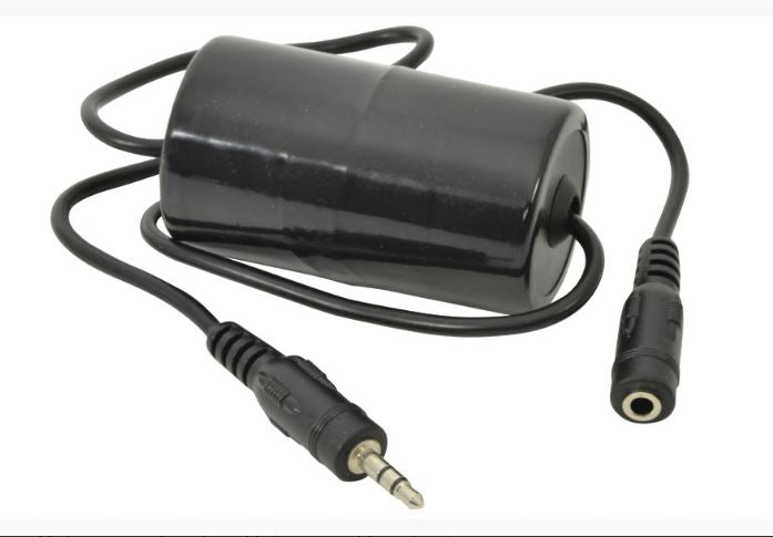 Black audio adapter with 3.5mm plug on a white background