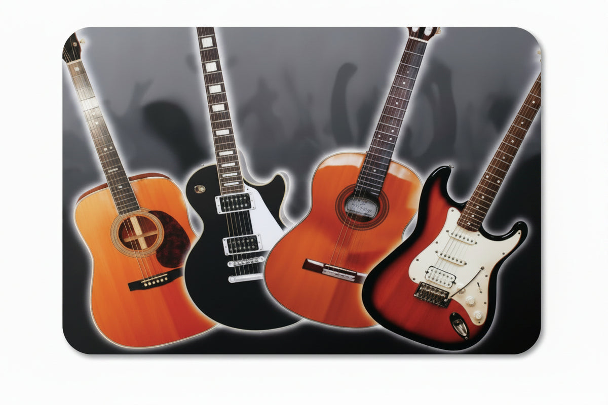 A mouse mat with the image of four guitars of different types on a dark background
