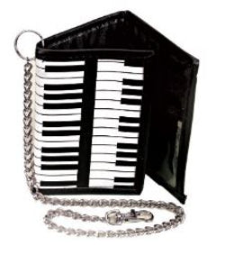 Wallet with piano keyboard design and chain strap on a white background