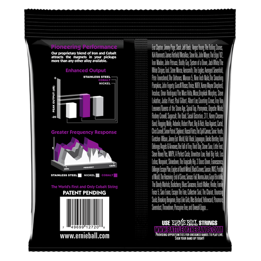 Ernie Ball guitar string packaging with technical specifications and branding on a black background