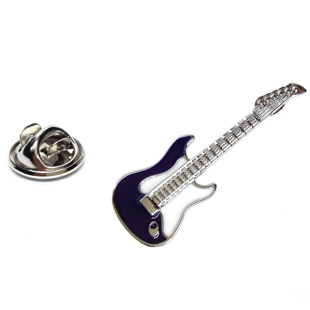 Metallic guitar-shaped lapel pin on a white background