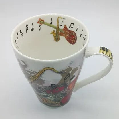Mug with musical instrument and note design on a white background