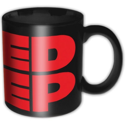 Black mug with red logo on a white background