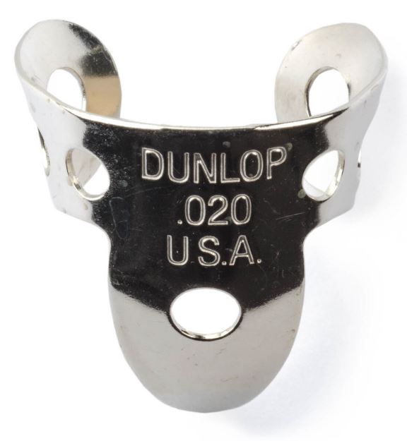 Metallic finger pick with 'Dunlop' branding on a white background