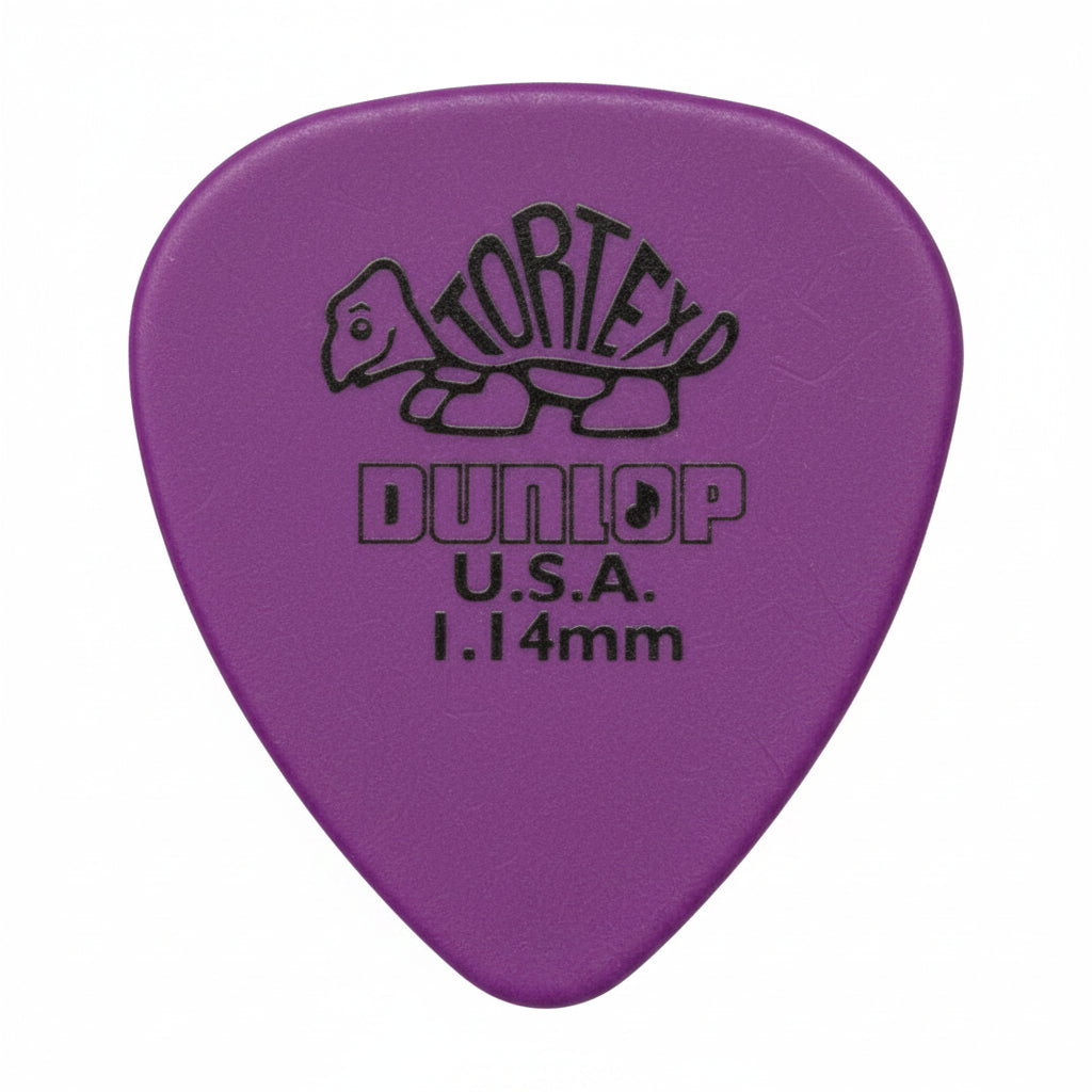 Purple guitar pick with 'Dunlop' branding on a white background