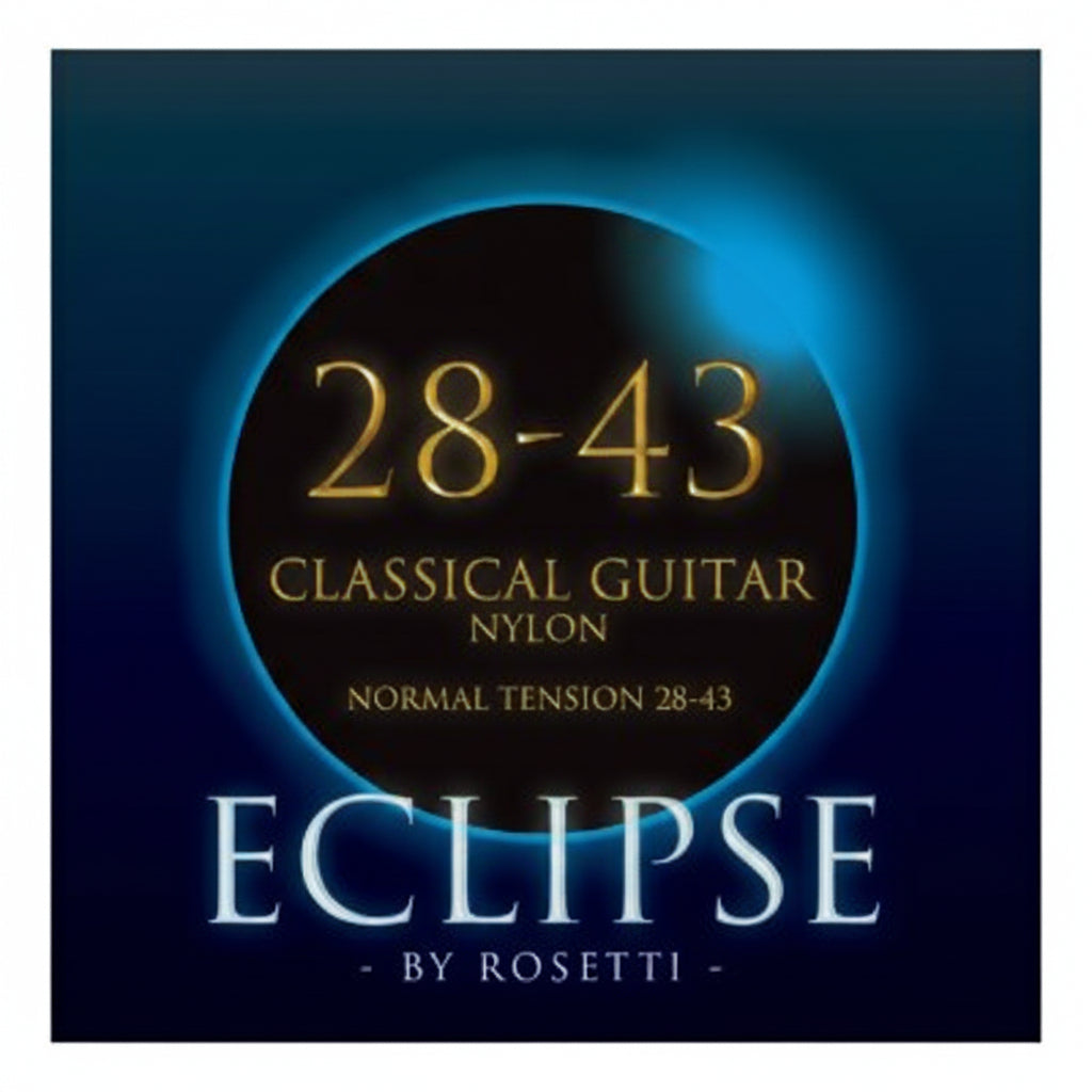 Eclipse Rosetti classical guitar string set packaging with gold text on a blue background
