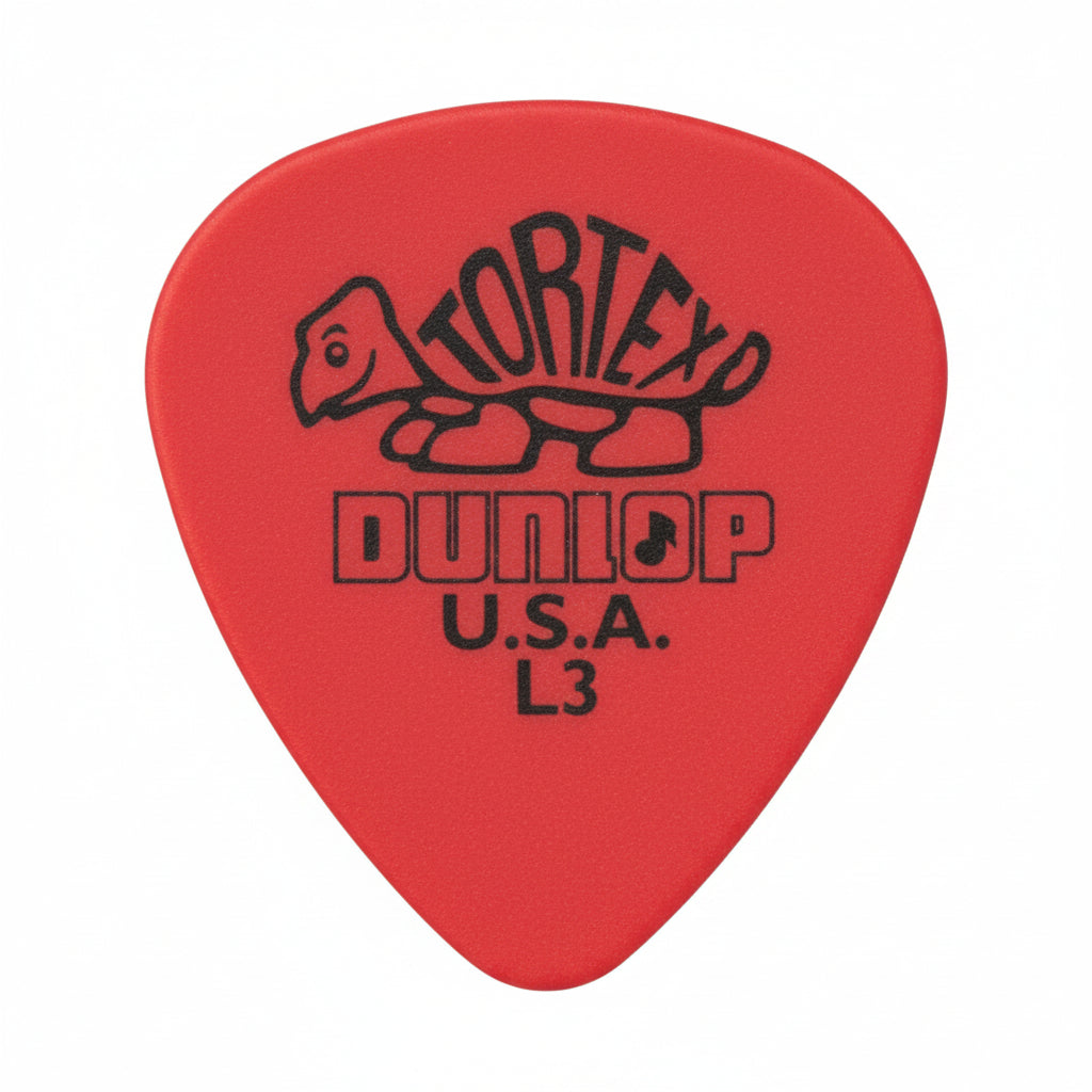 Red guitar pick with Dunlop branding on a white background