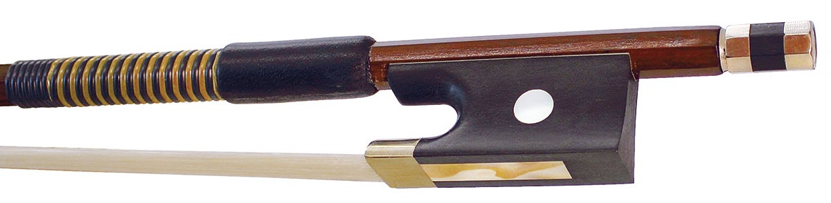 Violin bow with brown frog and white hair on a black background