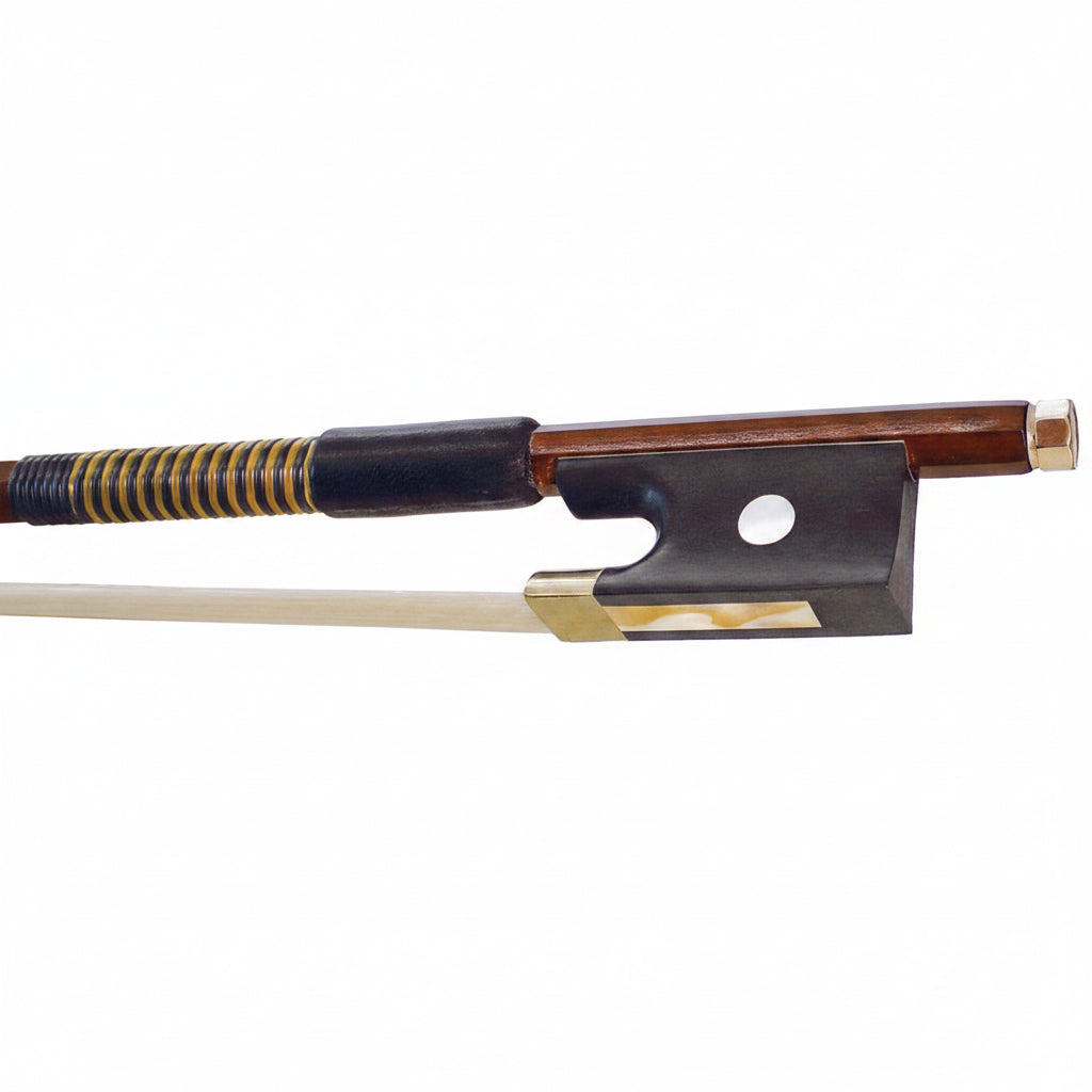 Violin bow with brown frog and white hair on a black background
