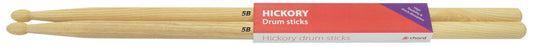 Pair of Hickory drumsticks with a red and purple label on a white background