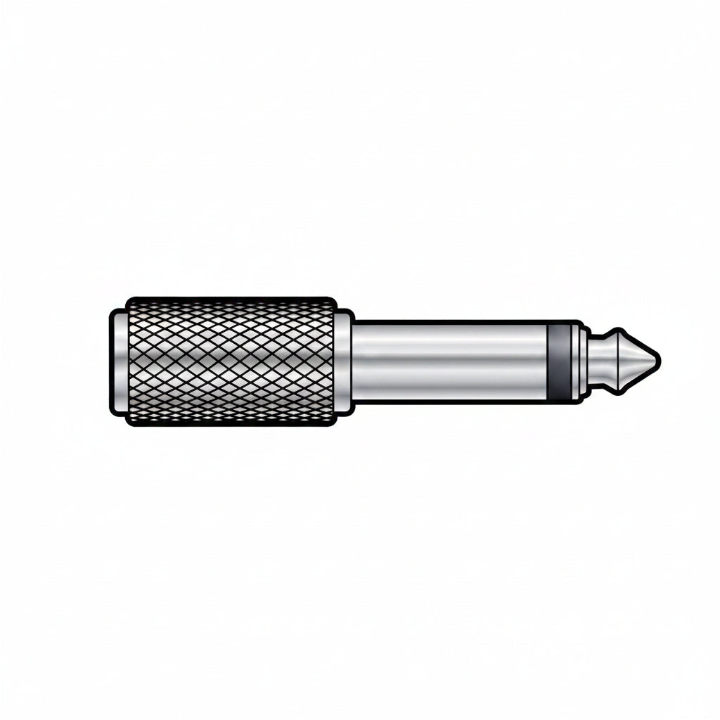 An illustration of a metal adaptor converts 1 RCA female to 1 6.5 Jack male.