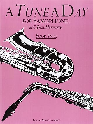 Music book cover for 'A Tune a Day for Saxophone' by C. Paul Herfurth, Book Two, with a pink background and saxophone illustration.