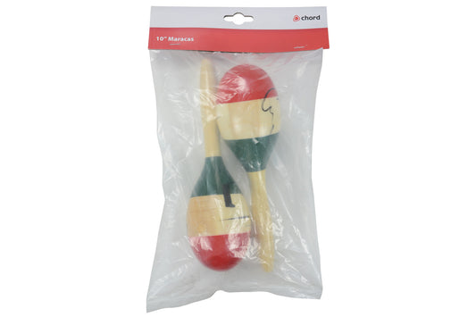 Pair of wooden maracas in a clear plastic bag with a brand label on a white background