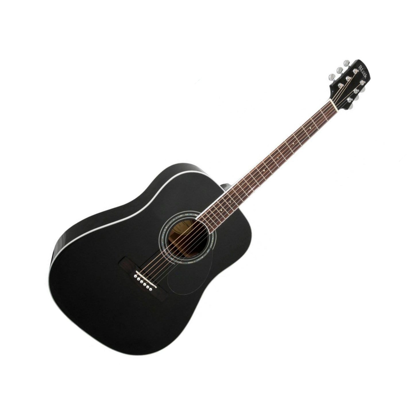 Black acoustic guitar with silver machine heads and white details (saddle, bridge pins and inlaid). White and pearloid inlayed rosette.