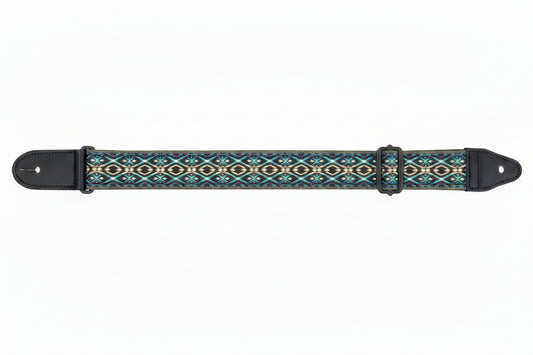 Guitar strap with colourful geometric pattern on a white background