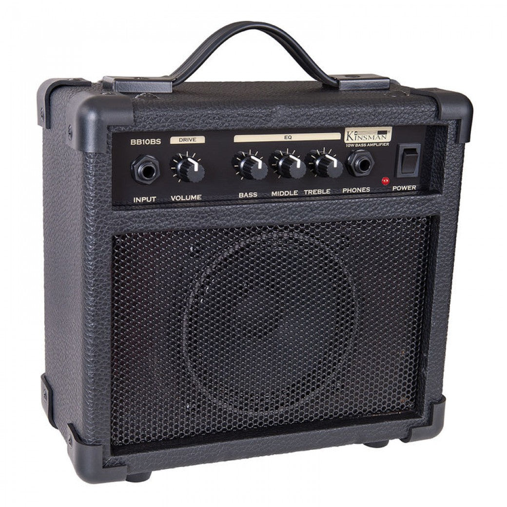 Black guitar amplifier with control knobs on a white background