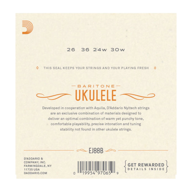 Ukulele string set packaging with brand information and specifications.