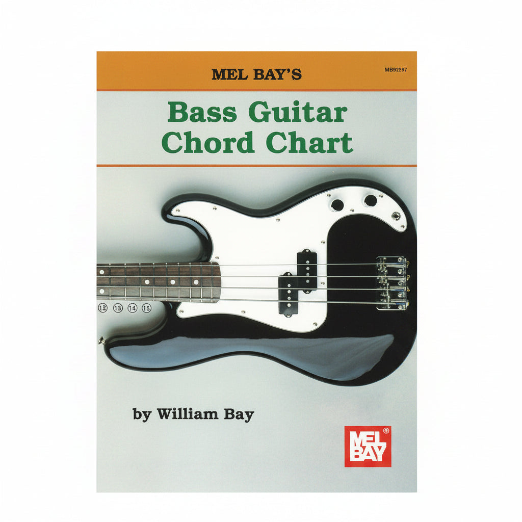 Bass Guitar Chord Chart book cover with a bass guitar illustration and Mel Bay logo.