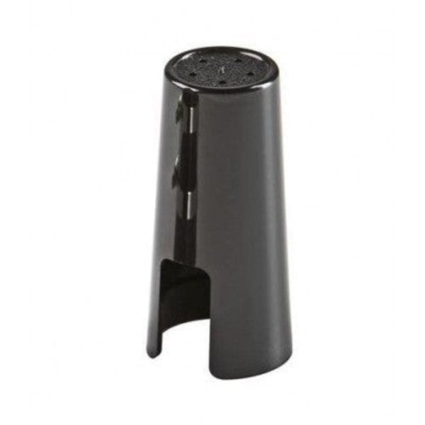 A black, plastic cylindrical hollow cap on a white background