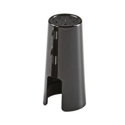 A black, plastic cylindrical hollow cap on a white background
