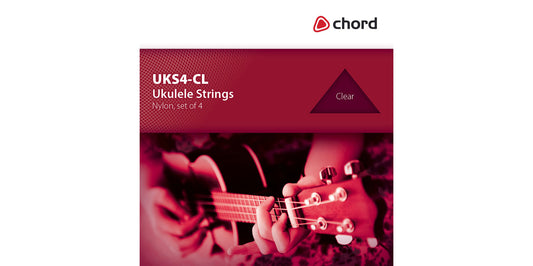 Chord ukulele strings packaging with a person playing ukulele on a white background