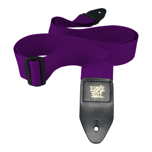 Purple guitar strap with Ernie Ball logo on a black background
