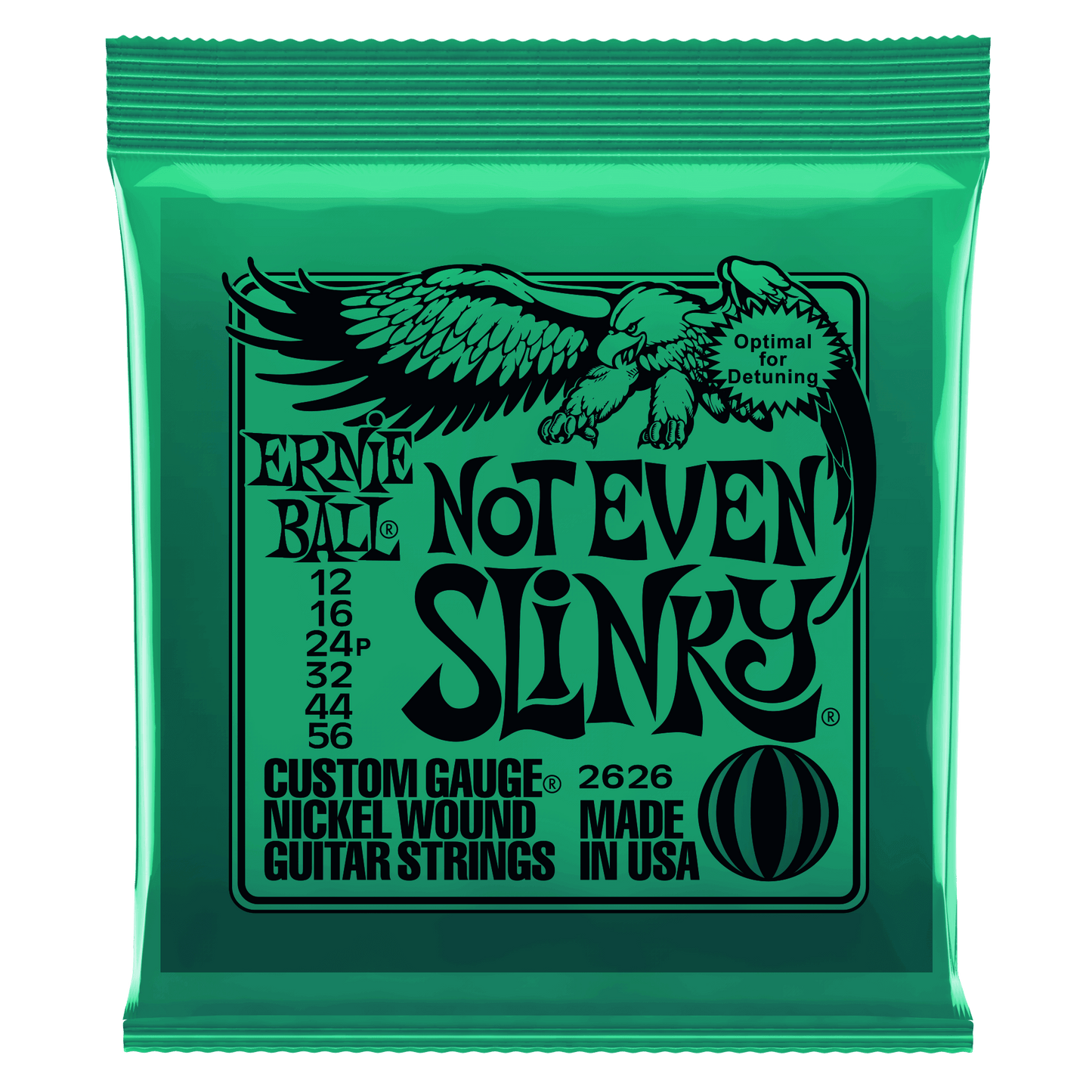 Ernie Ball Not Even Slinky guitar string packaging with green and black design.