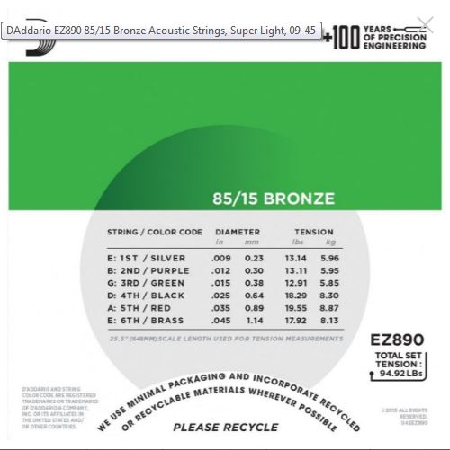 D'Addario EZ890 85/15 Bronze acoustic strings packaging with specifications.