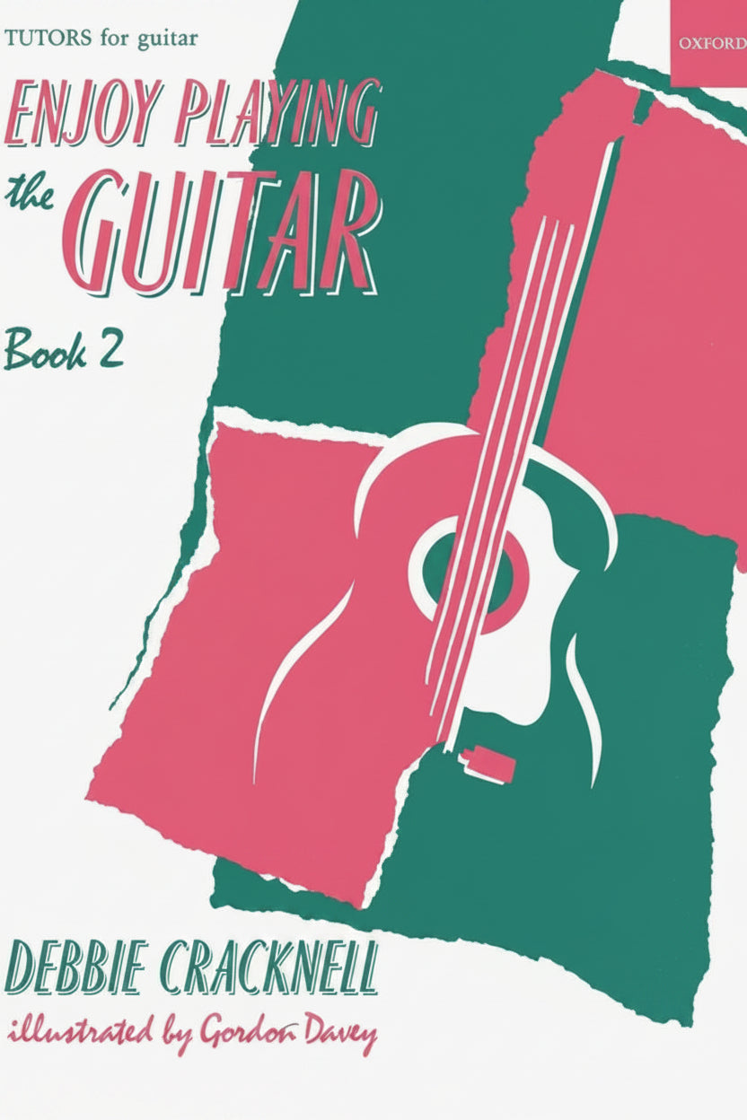 Book cover of 'Enjoy Playing the Guitar Book 2' by Debbie Cracknell with a pink guitar illustration on a green background.
