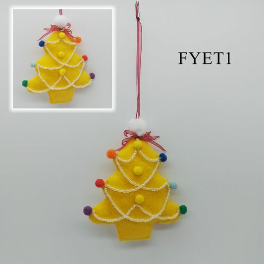 The plush yellow Christmas tree ornament is adorned with strings of beads and colourful pom-poms and a dark-red/burgundy ribbon is bowed and looped to form the hanger.
