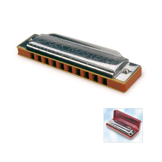 2 picture placed side by side, taken from the same angle, show the harmonica in and outside the case