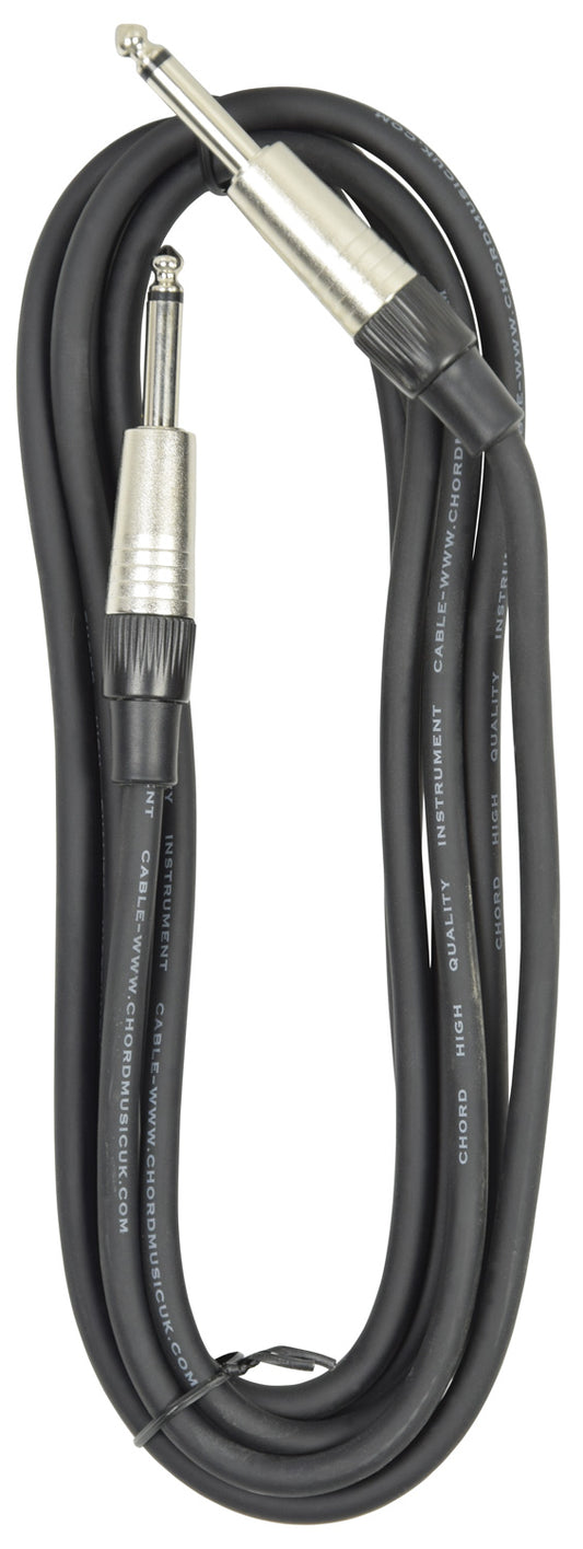 Black audio cable with silver connectors on a white background