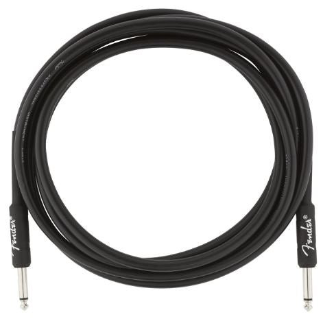 Black guitar cable with Fender logo on both ends, coiled on a white background