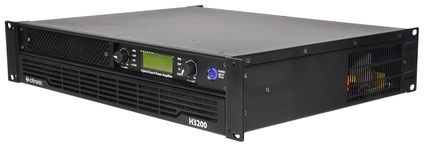 Black audio amplifier with digital display on a white background